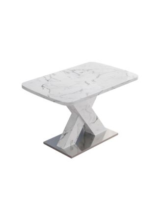 Modern Square Dining Table, Stretchable, with Printed White Marble Table Top+MDF X-Shape Table Leg with Metal Base