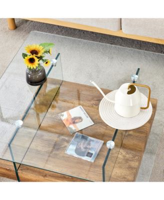 Set of 1 Modern Square Coffee Table Glass and Wood Combo