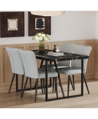 Modern Marble Dining Set Black Table & Light Gray Striped Chairs