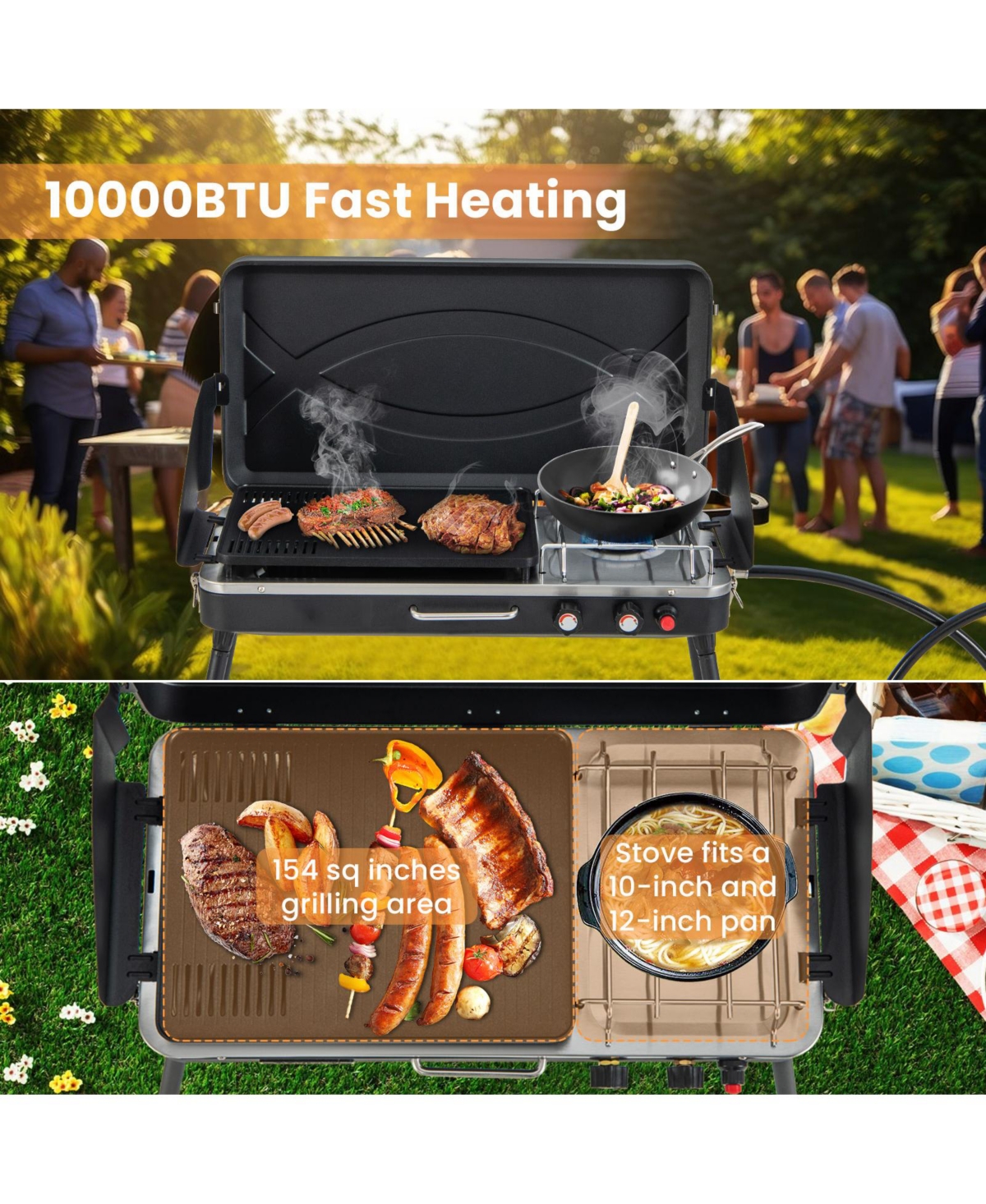 2-in-1 Gas Camping Grill and Stove with Detachable Legs