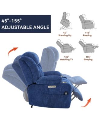 Streamdale 1 Pc. Blue Chenille Upholstered Power Lift 8-Point Massage Recliner with Lumbar Heat, USB Ports & Stainless Steel Cup Holders Chair