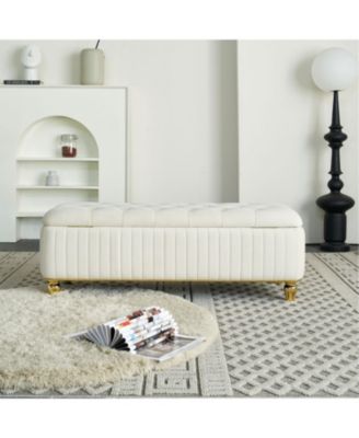  Beige Velvet Storage Ottoman with Gold Decor
