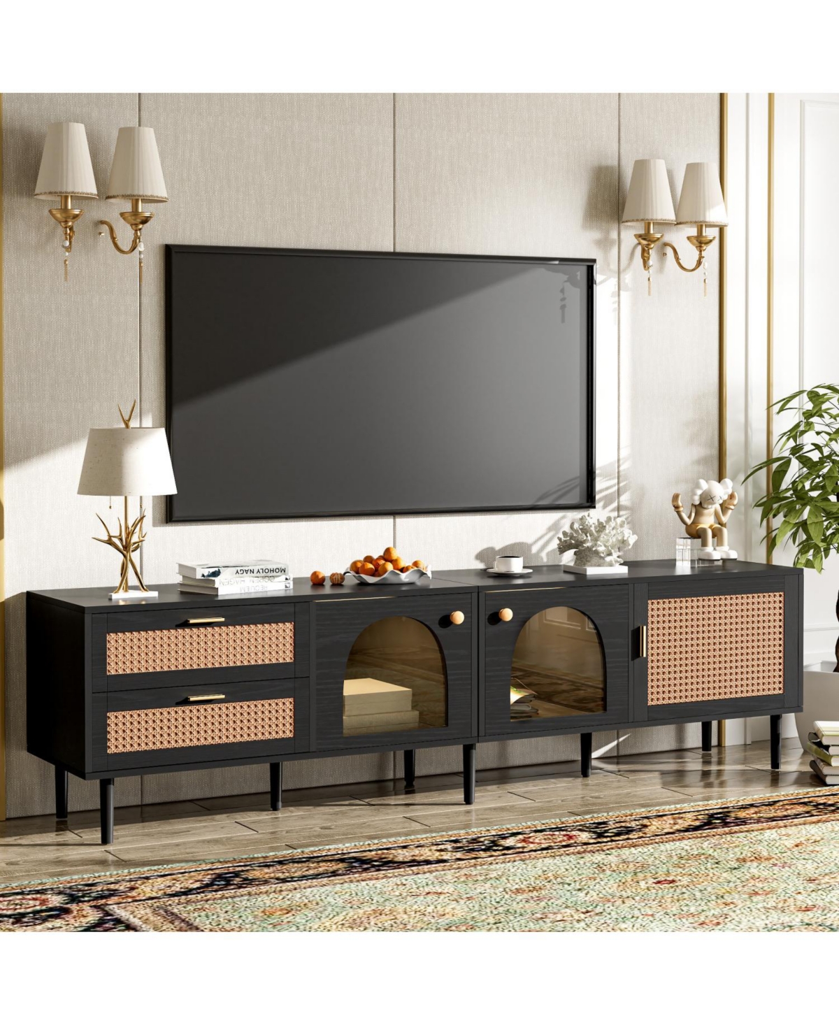 Streamdale Rattan Tv Stand with 3 Cabinets & Led Light
