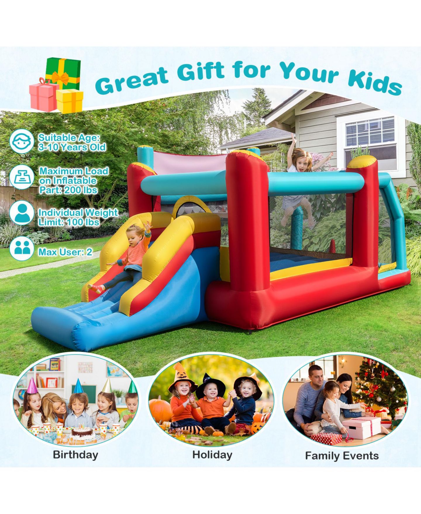 Детская игрушка GOUUN 5-in-1 Ice Cream 187"L x 88"W x 79"H Inflatable Bounce House, Up to 2 Players, Ages 3+, цвет: Синий — фото 5