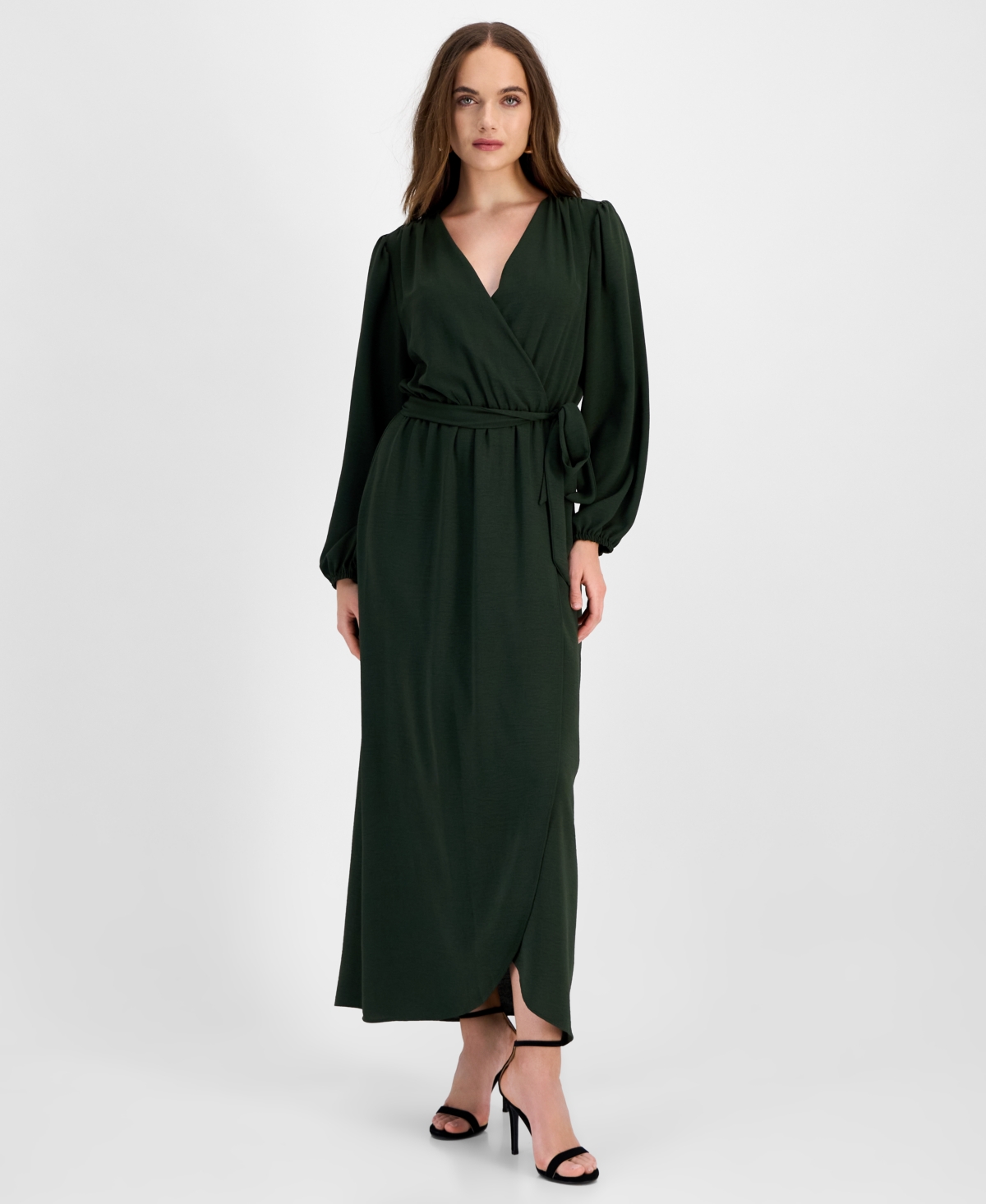 Women's Surplice-Neck Faux-Wrap Long-Sleeve Dress - Olive Drab