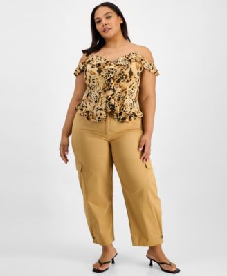 Trendy Plus Size Printed Cold Shoulder Ruffled Top High Rise Cotton Utility Pants Macys Exclusive