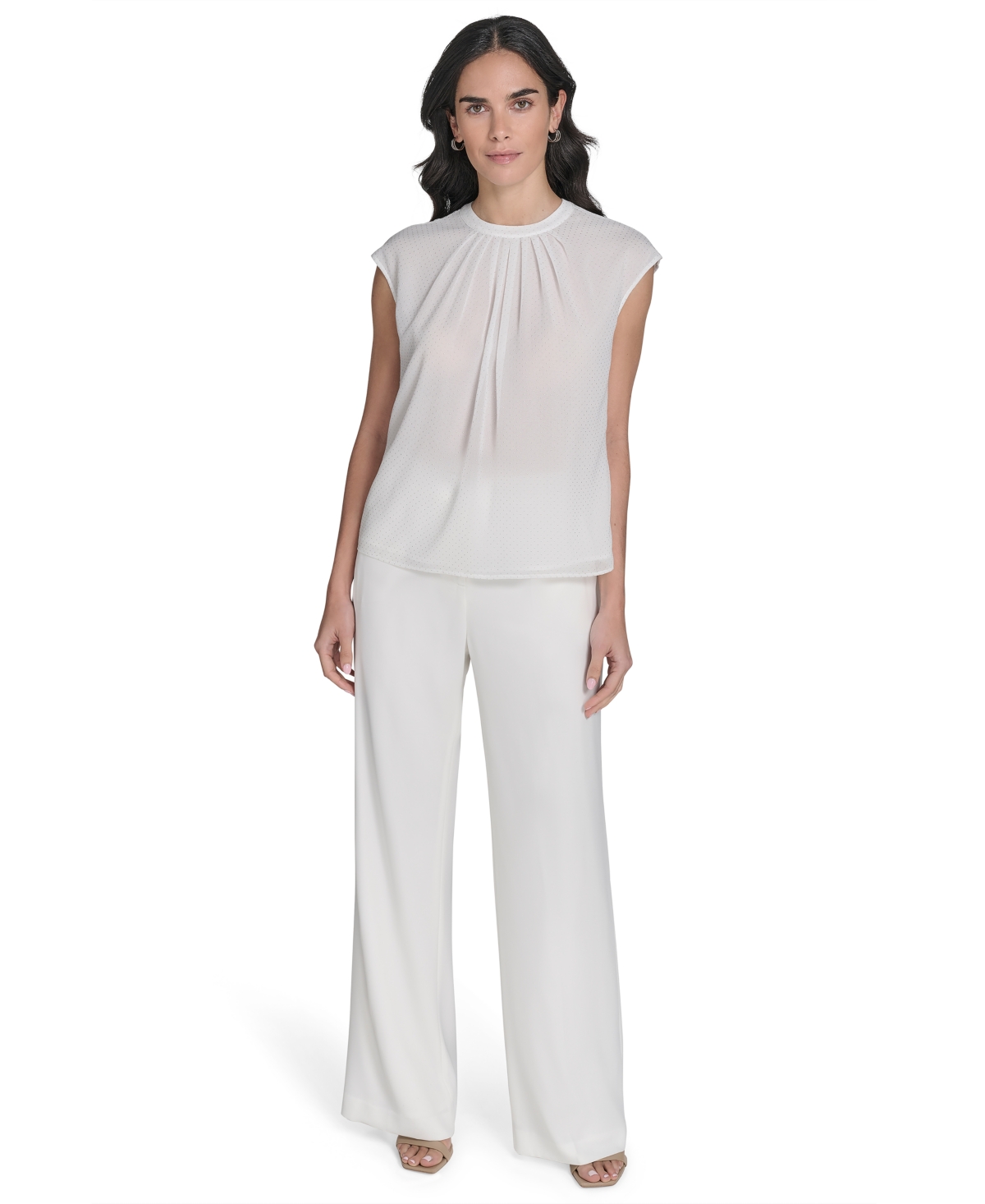 Calvin Klein Women's Studded Cap-sleeve Crewneck Blouse In White