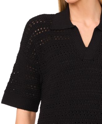 Women's Open-Knit Short-Sleeve Polo Sweater
