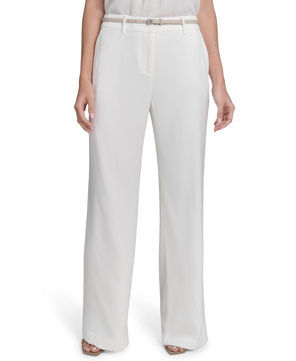 Women's Belted Wide-Leg Pants - Cream