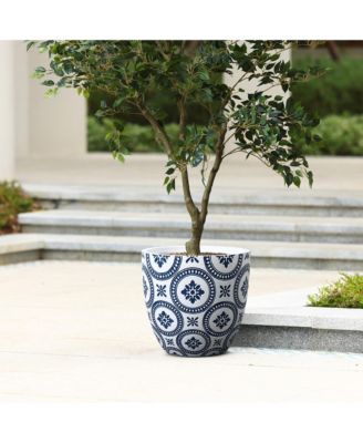 Blue and White Flower Pattern Round Tapered 11.8-Inch Tall Mgo Planter, Indoor and Outdoor