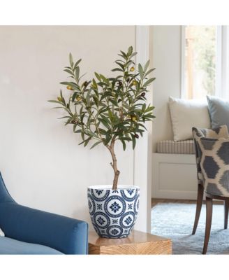 Blue and White Flower Pattern Round Tapered 9.4-Inch Tall Mgo Planter, Indoor and Outdoor