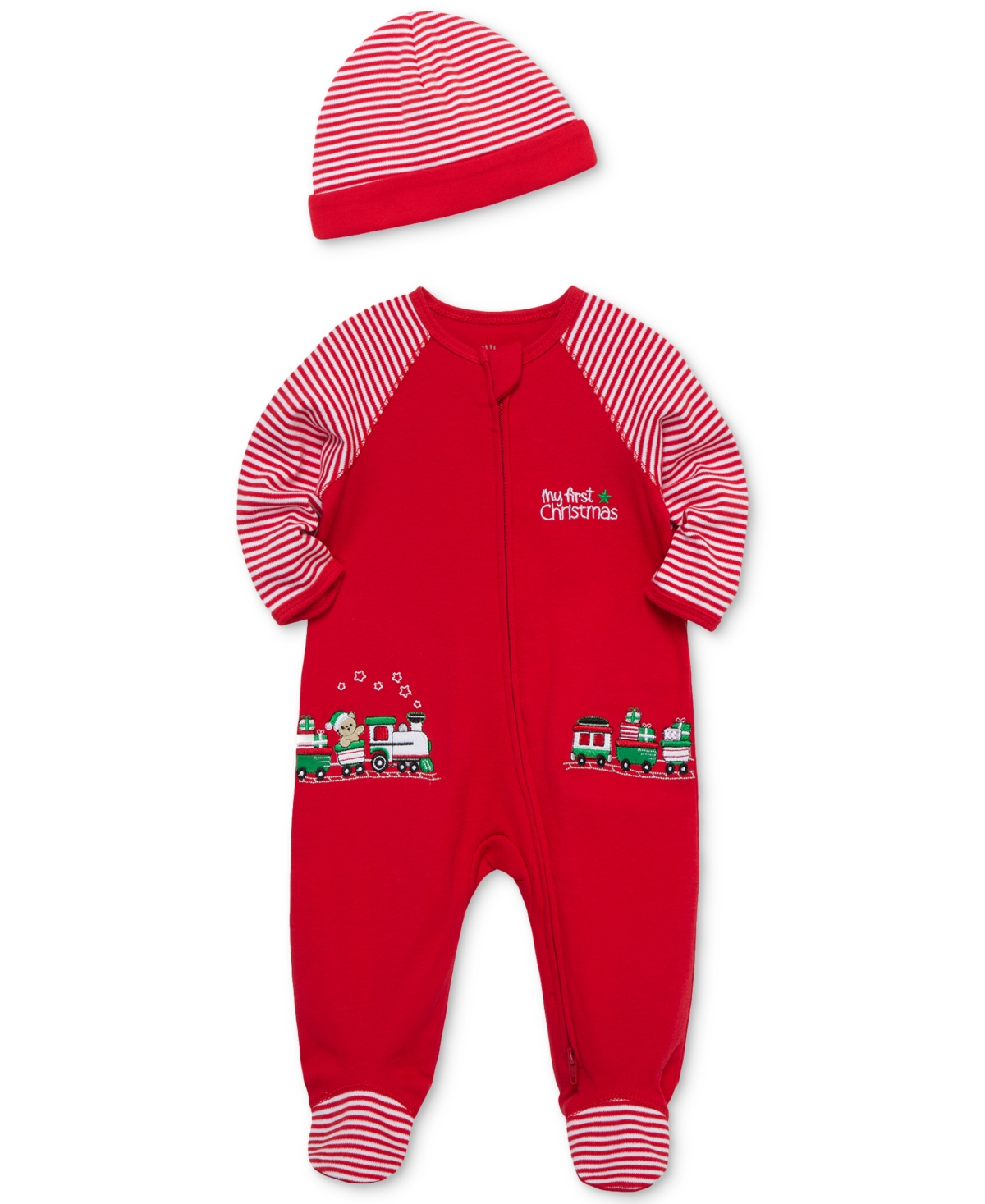 Little Me Baby Cotton Train Gift Footed Coverall & Hat, 2 Piece Set