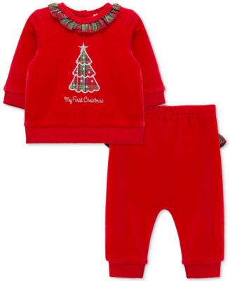 Little Me - Baby Plaid Tree Velour Top & Pants, 2 Piece Set