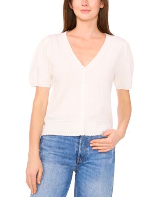 CeCe - Women's Pointelle-Stitch Short-Sleeve V-Neck Cardigan