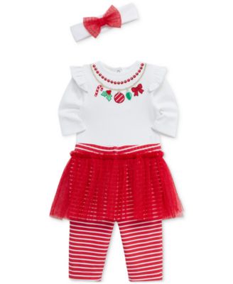 Baby Girls Necklace-Embroidered Holiday Bodysuit Headband & Skirted Leggings, 3 Piece Set