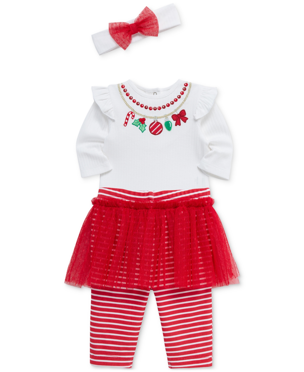 Little Me Baby Girls Necklace-Embroidered Holiday Bodysuit Headband & Skirted Leggings, 3 Piece Set