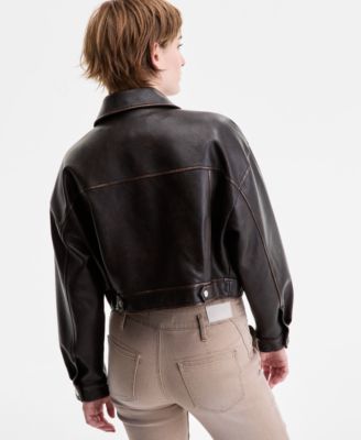 Women's Faux-Leather Vintage-Wash Bomber Jacket