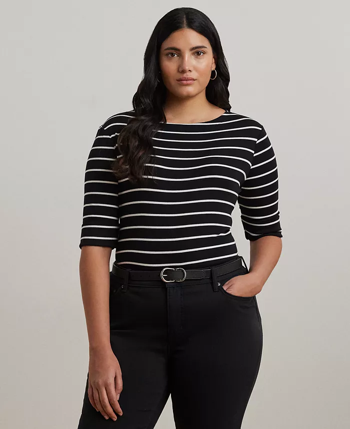 Plus Size Striped Cotton Boatneck T-Shirt - thumbnail 5