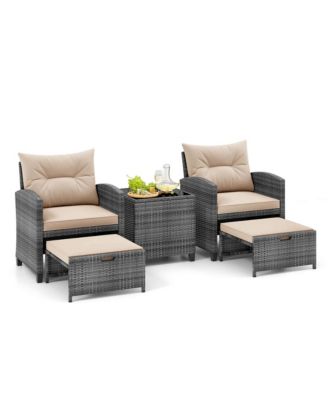 5 Patio Rattan Furniture with 2 Ottomans & Tempered Glass Coffee Table
