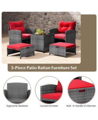 5 Piece Patio Rattan Furniture with 2 Ottomans & Coffee Table