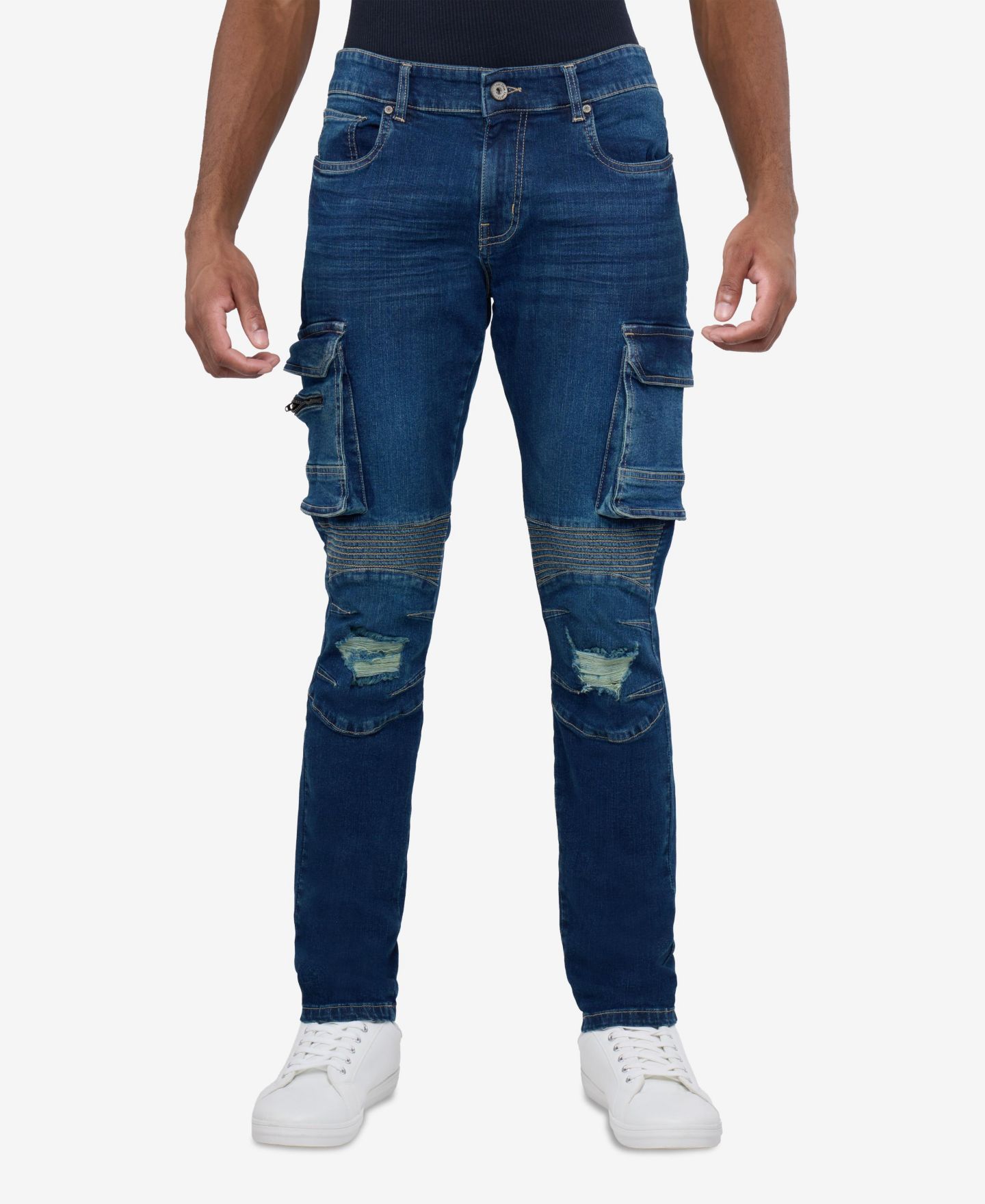 Мужские джинсы Raw X Slim Fit Moto Rip Repair Cargo, цвет: Тёмный синий — фото 1