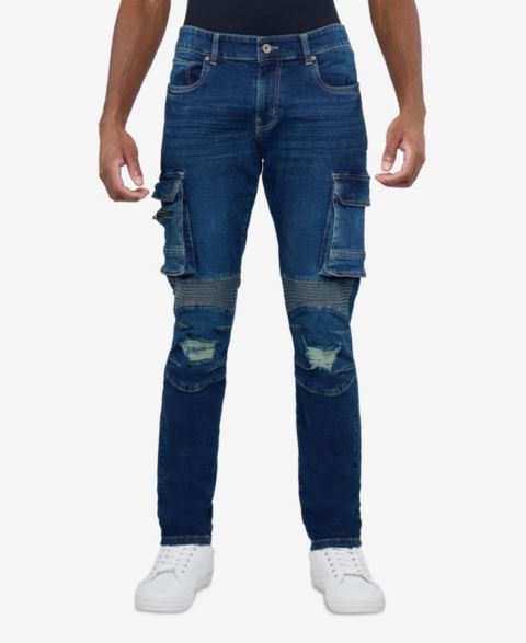 Мужские джинсы Raw X Slim Fit Moto Rip Repair Cargo, цвет: Тёмный синий