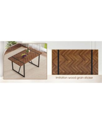 1Pc MDF & Metal Legs, Fishbone Textured Top, Retro Style Rectangular Dining Table