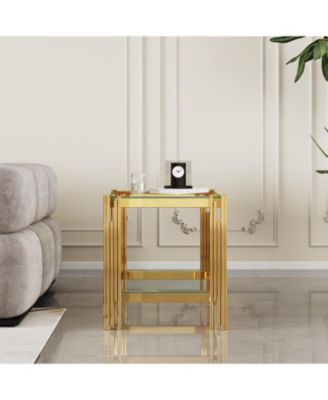 Top and Bottom Double Layer Tempered Glass End Table and Mirror Finished Stainless Steel Frame