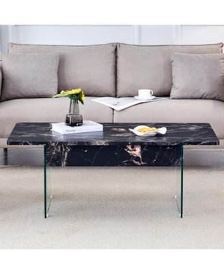 Multifunctional Lift Top Coffee Table with Tempered Glass Legs in Black Marble Pattern
