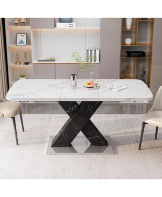 Modern Square Dining Table with Stretchable Design, Printed Marble Top and MDF X-Shape Legs with Metal Base