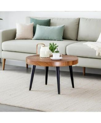 Natural Wood Round Coffee Table - 23.6" Diameter, Black Metal Leg