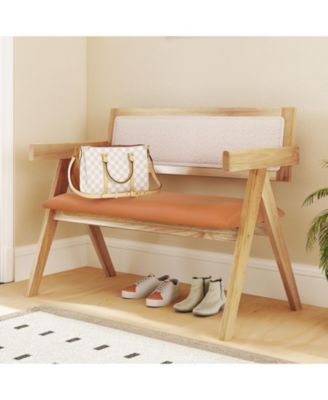 Rubber Wood Dining Bench with Armrest Sherpa Upholstered Backrest and Soft-padded Seat-Natural