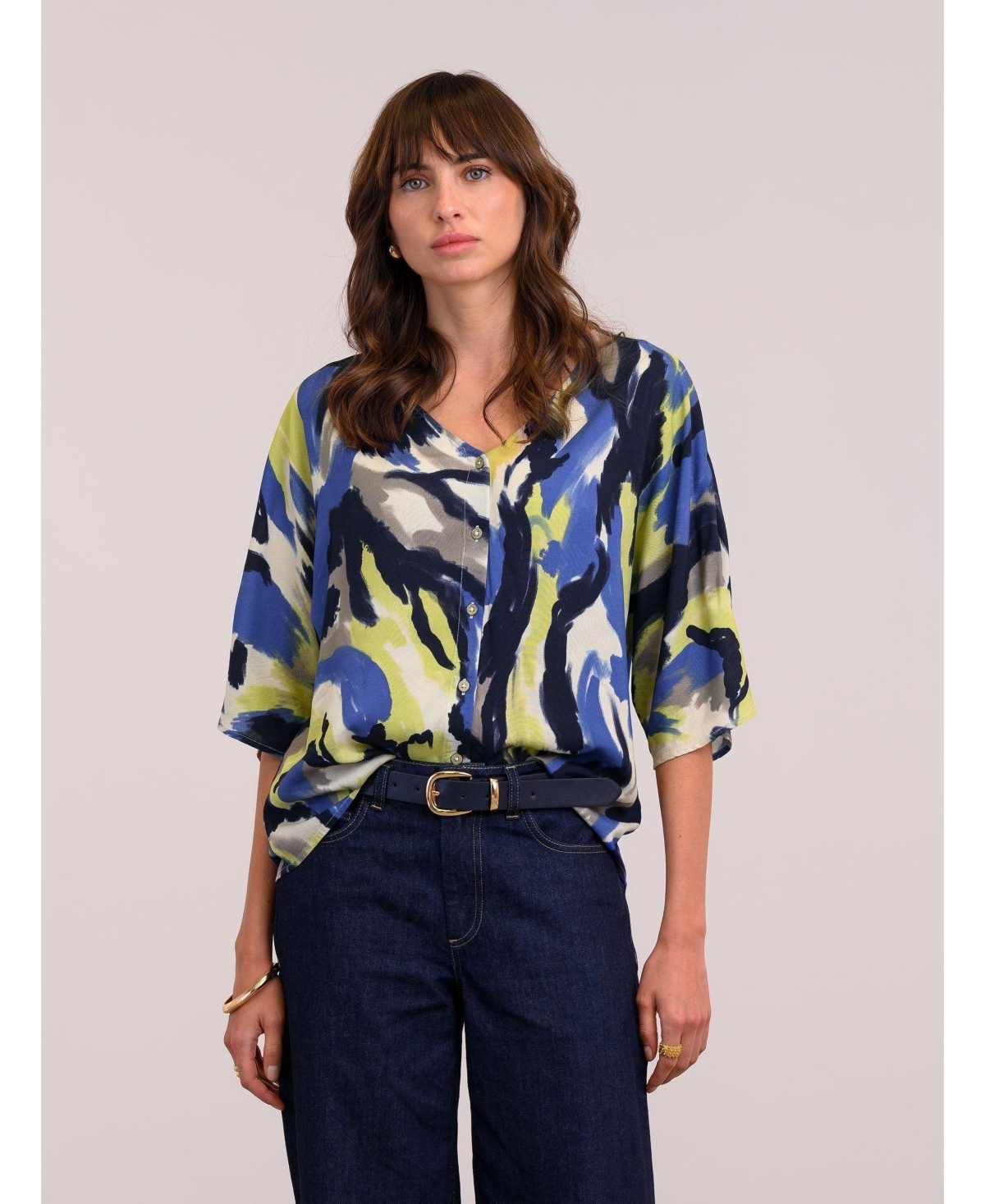 Women's V Neck Drape Blouse - Abstract brushstroke