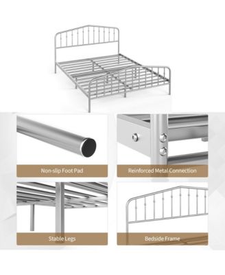 Queen Size Metal Bed Frame Platform Headboard & Footboard W/Storage Sliver