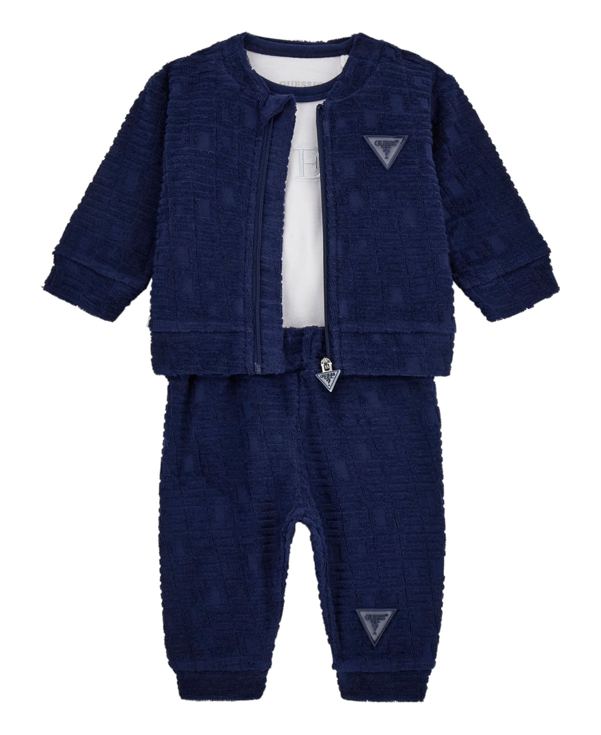 Guess Baby Boys 3-Piece Long Sleeve Bodysuit, Jacquard Zip-Up Sweatshirt, and Pants Set - Blue