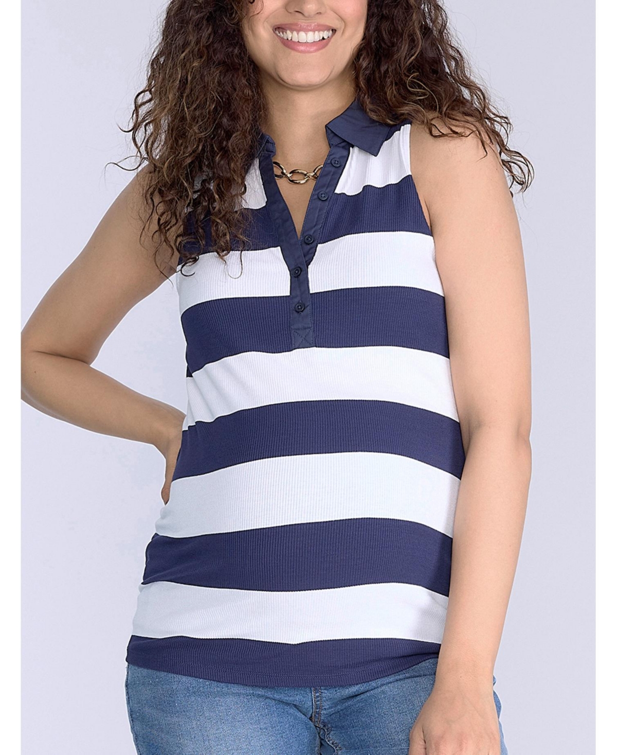 Maternity V-Neck Sleeveless Polo Top - Motherhood - Navy  white stripes