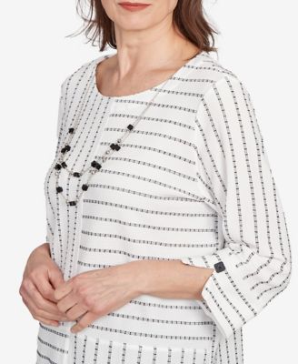 Petite Santa Barbara Splice Textured Stripe Crew Neck Top with Necklace