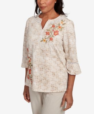 Petite Copper Canyon Printed Floral Bell Sleeve Embroidered Top