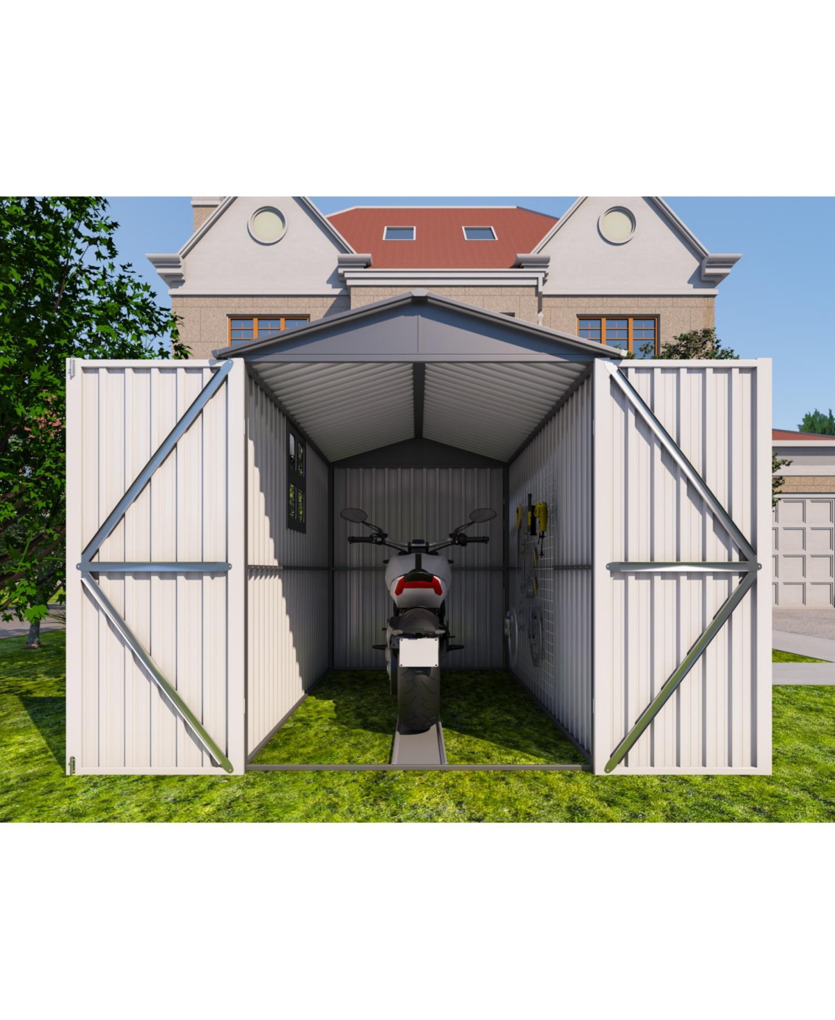 Motorcycle Steel Storage Shed - Grey/White - Grey+white