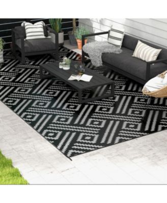 Reversible Outdoor Rug, 9' x 18' Waterproof Plastic Straw Floor Mat, Portable RV Camping Carpet with Carry Bag, Large Floor Mat for Backyard, Deck, Picnic, Beach, Black & Gray Geometric