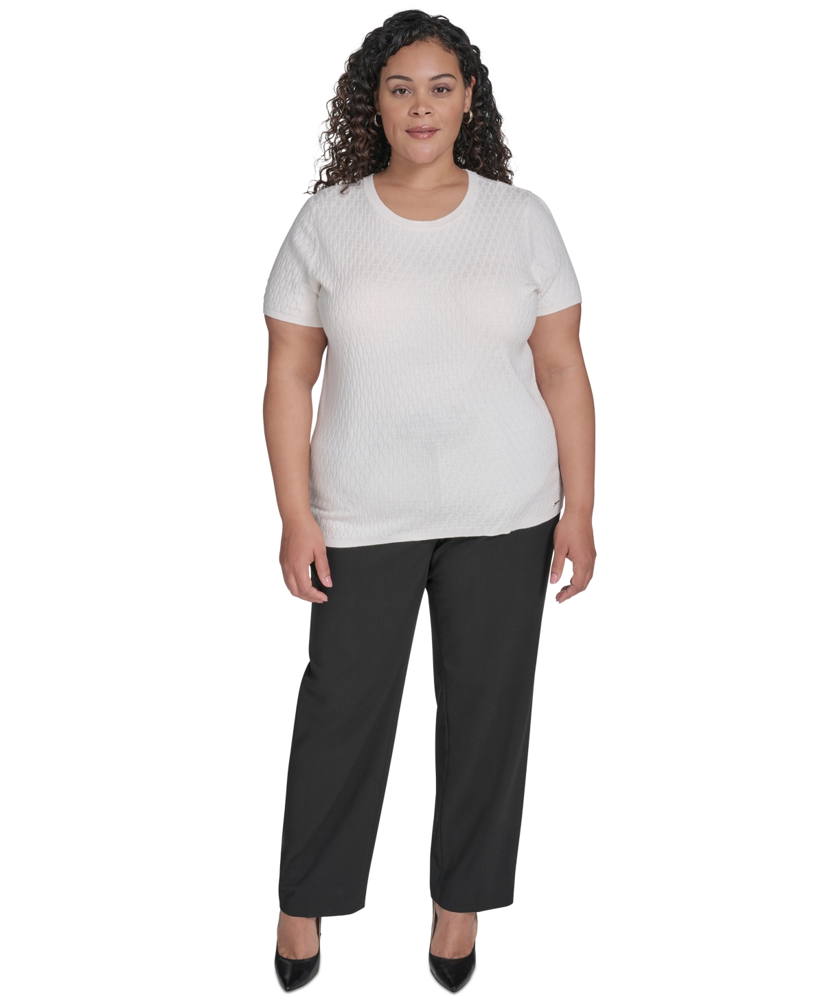 Calvin Klein Plus Size Textured Short-sleeve Sweater In White