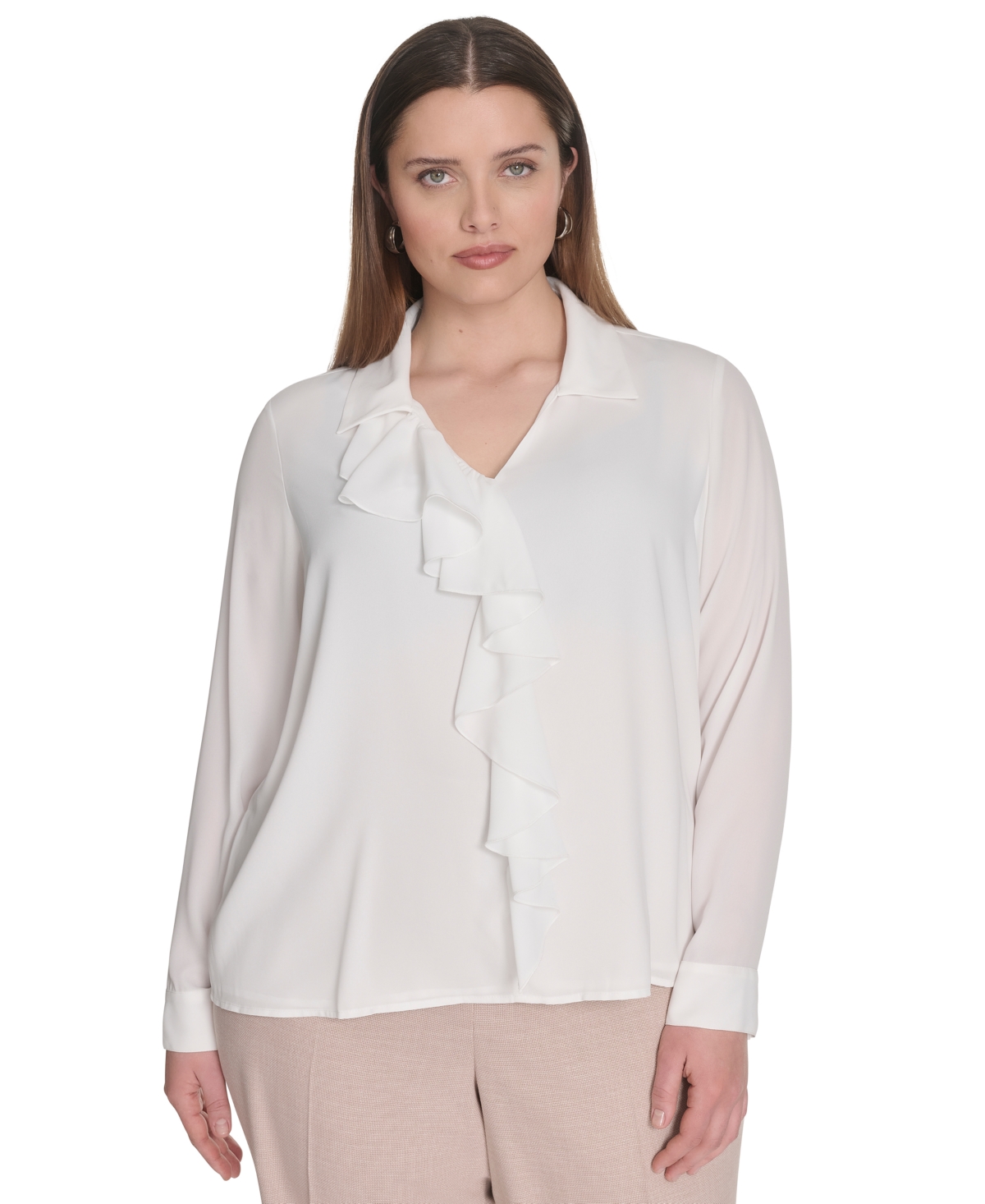 Plus Size Georgette Long-Sleeve Ruffle-Front Blouse - Cream