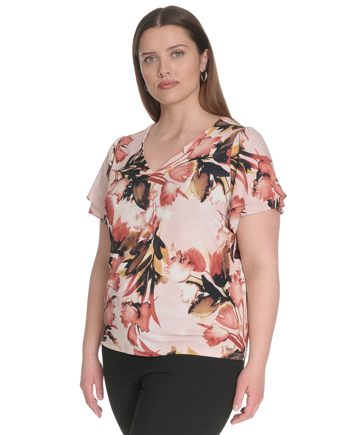 Calvin Klein Plus Size Placed-print Flutter-sleeve Top In Brown