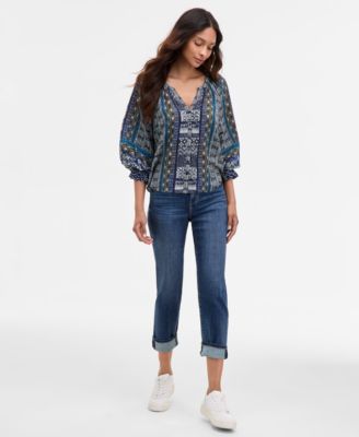 Women's Printed Balloon-Sleeve Button-Front Blouse