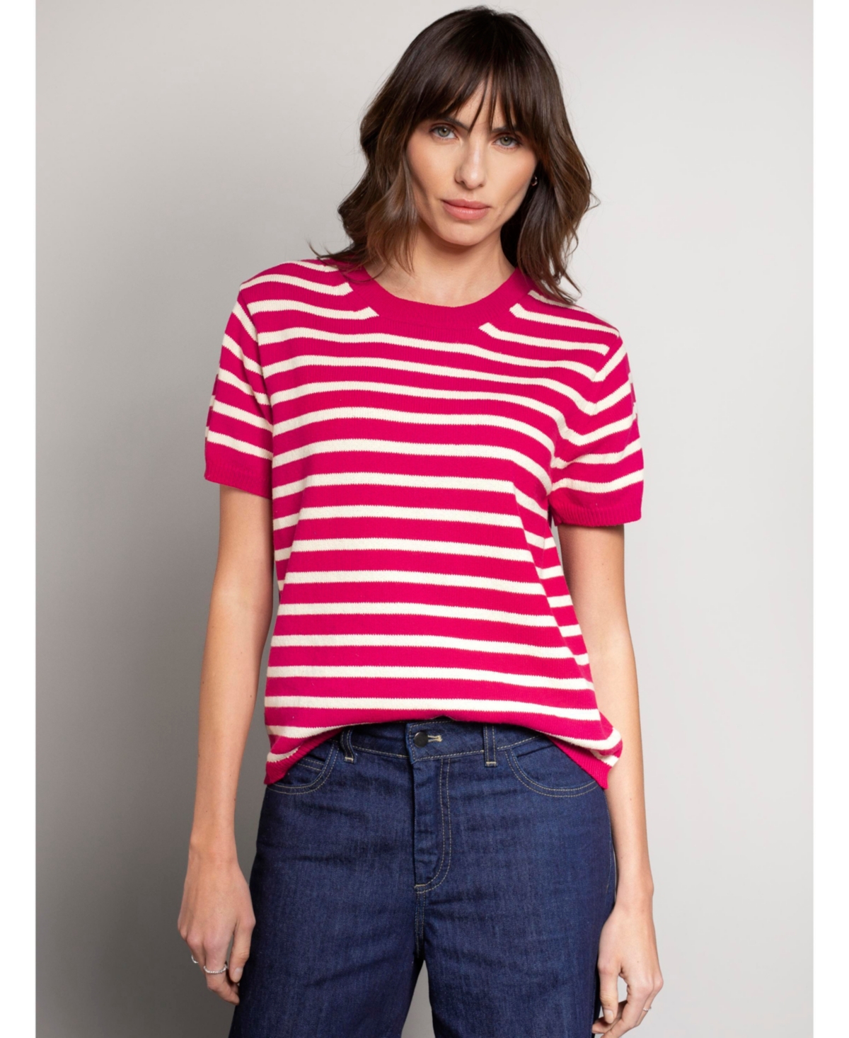 Women's Striped Knitted Crew Neck Tee - Raspberry