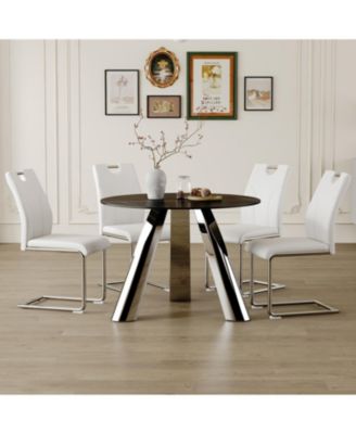 Streamdale Round Stainless Steel Table and 4 White Dining Chairs with Silver Metal Legs