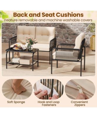 4 PCS Patio Furniture Set with Loveseat Tempered Glass Coffee Table & Soft Cushions