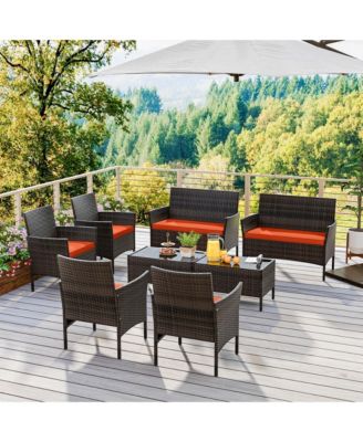 8 PCS Patio Furniture Set with Washable Cushions and Tempered Glass Coffee Table