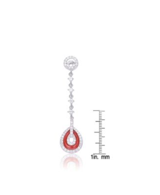 Sterling Silver White Gold Plating with Red Cubic Zirconia Drop Earrings