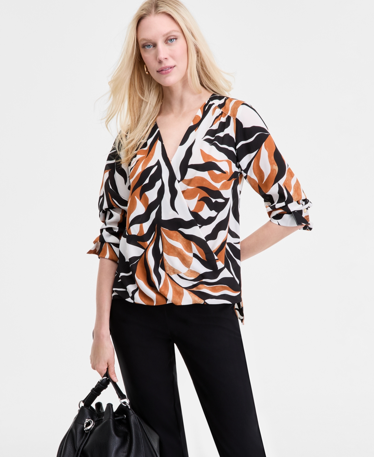 Inc International Concepts Women's Printed Cuffed Surplice Top, Exclusively At Macy's In Brown